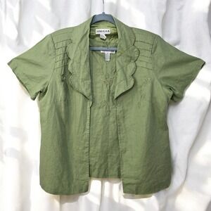 Lino‎ USA 100% Linen Embroidered Floral Top Tank Set Scalloped Green Woman Large